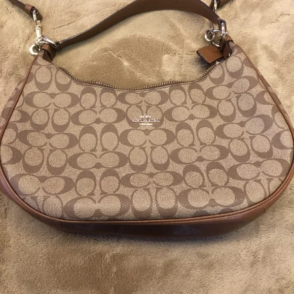 Coach Hobo Bag Coated Canvas Signature C Leather Tan Brown - Picture 2 of 10